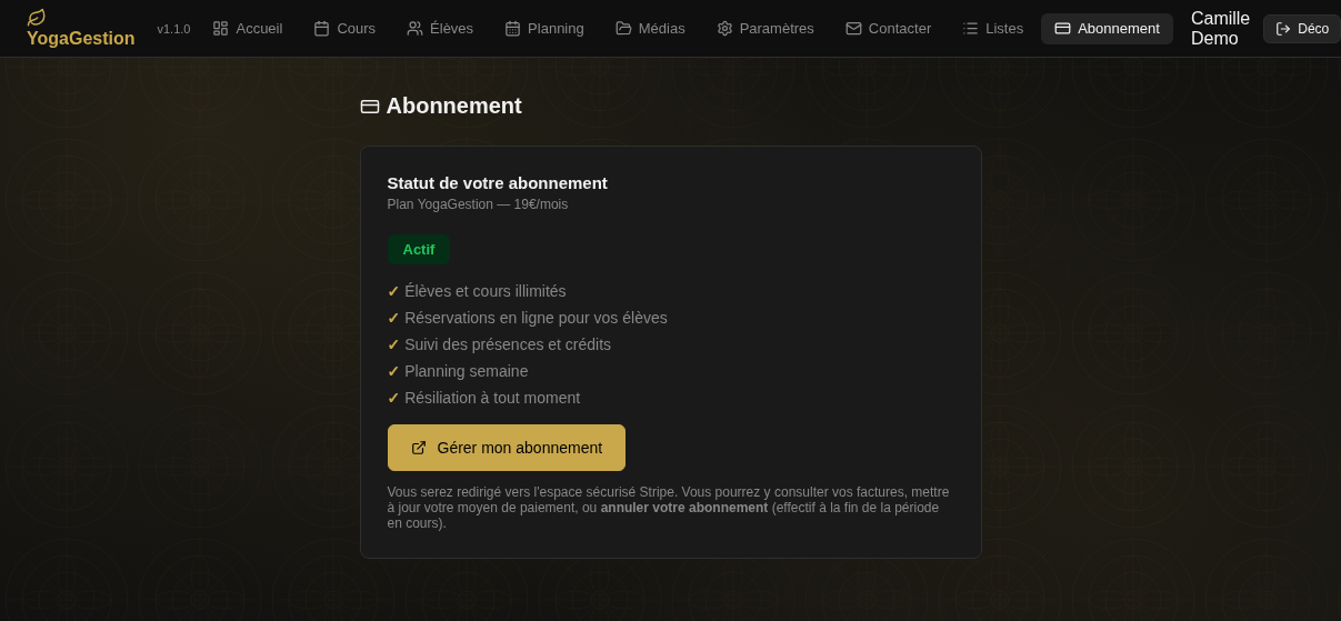 Page abonnement YogaGestion