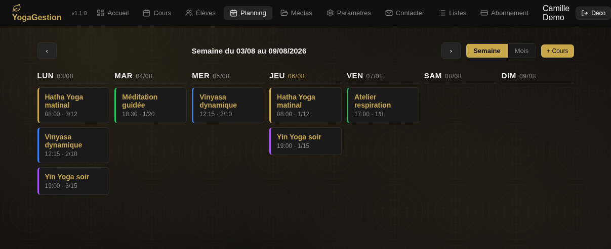 Planning hebdomadaire YogaGestion